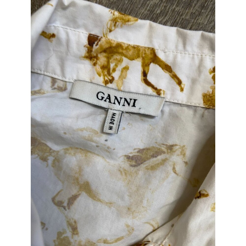 Ganni Weston Horse Print Wrap Blouse Puff Sleeve Button Down White XS - Picture 7 of 10